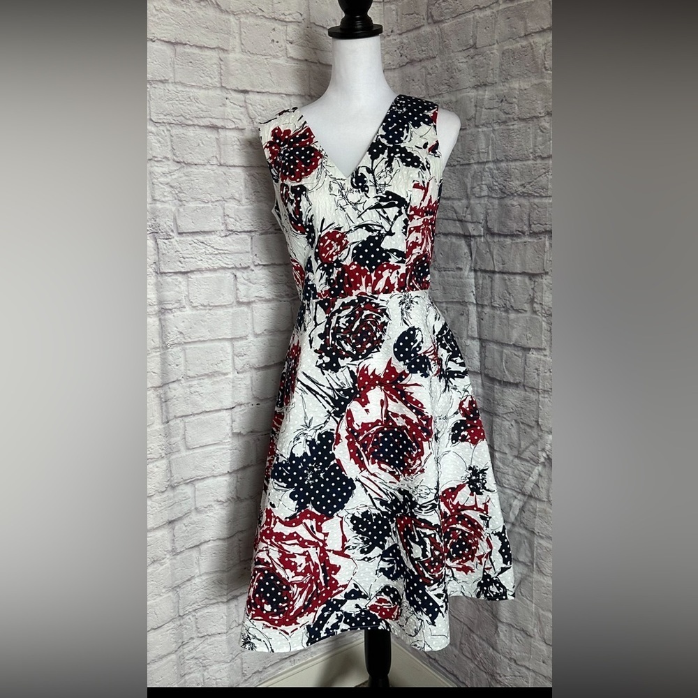 Carolina Herrera Dotted Rose print sleeveless A-line Dress Red/Navy/white